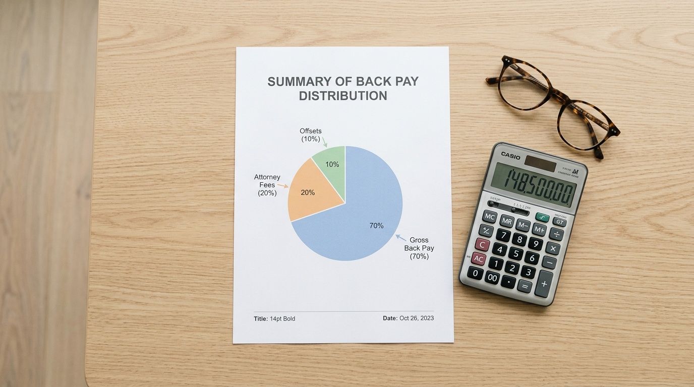 A document displaying a back pay distribution pie chart with a calculator and glasses on a desk.