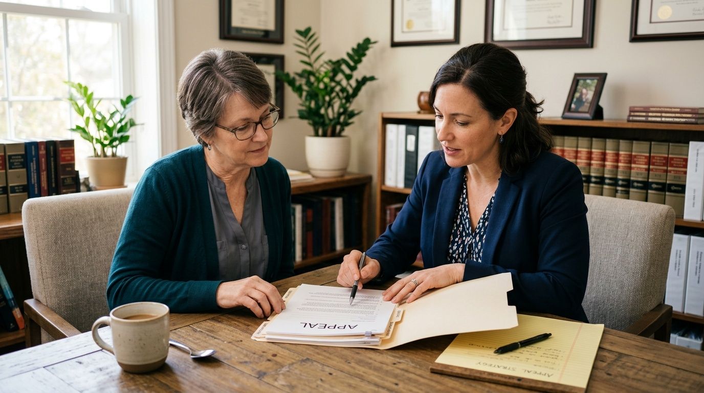 A professional woman in a suit consults with an older woman regarding disability appeal paperwork in an office.