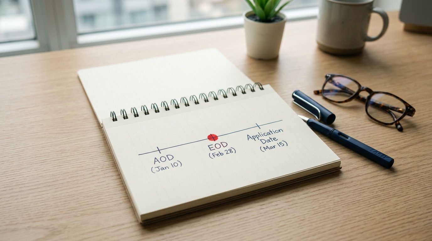 A notepad on a wooden desk showing a timeline of AOD, EOD, and application dates.