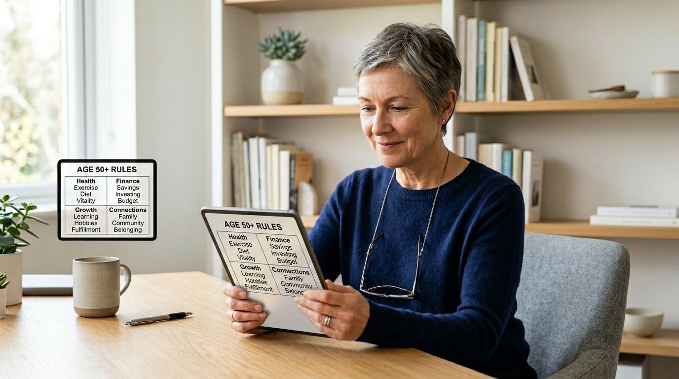 A woman reviewing a list of life goals for individuals over the age of fifty on a tablet.