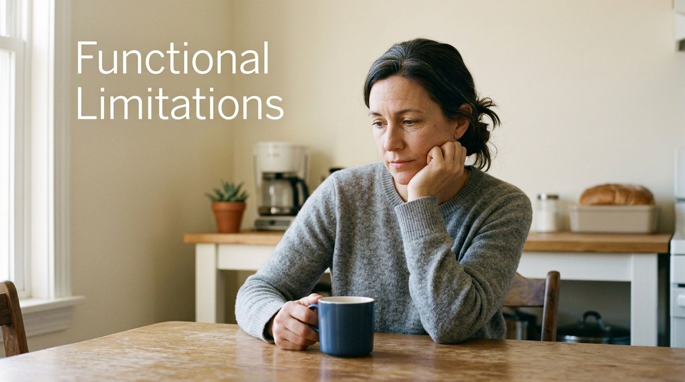 A middle-aged woman sits at a wooden table looking concerned while holding a mug in her hand.