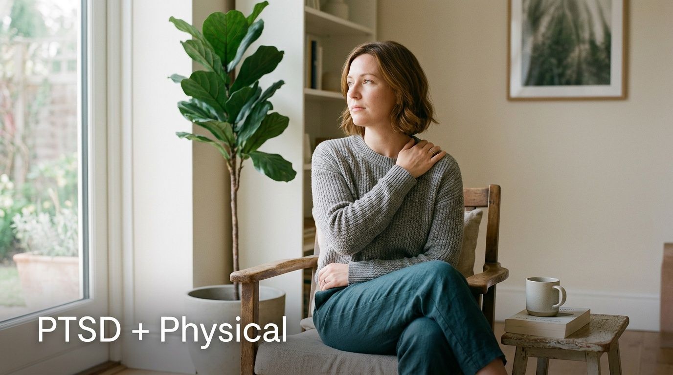 A pensive woman sitting in a wooden chair, touching her shoulder, representing physical symptoms of PTSD.