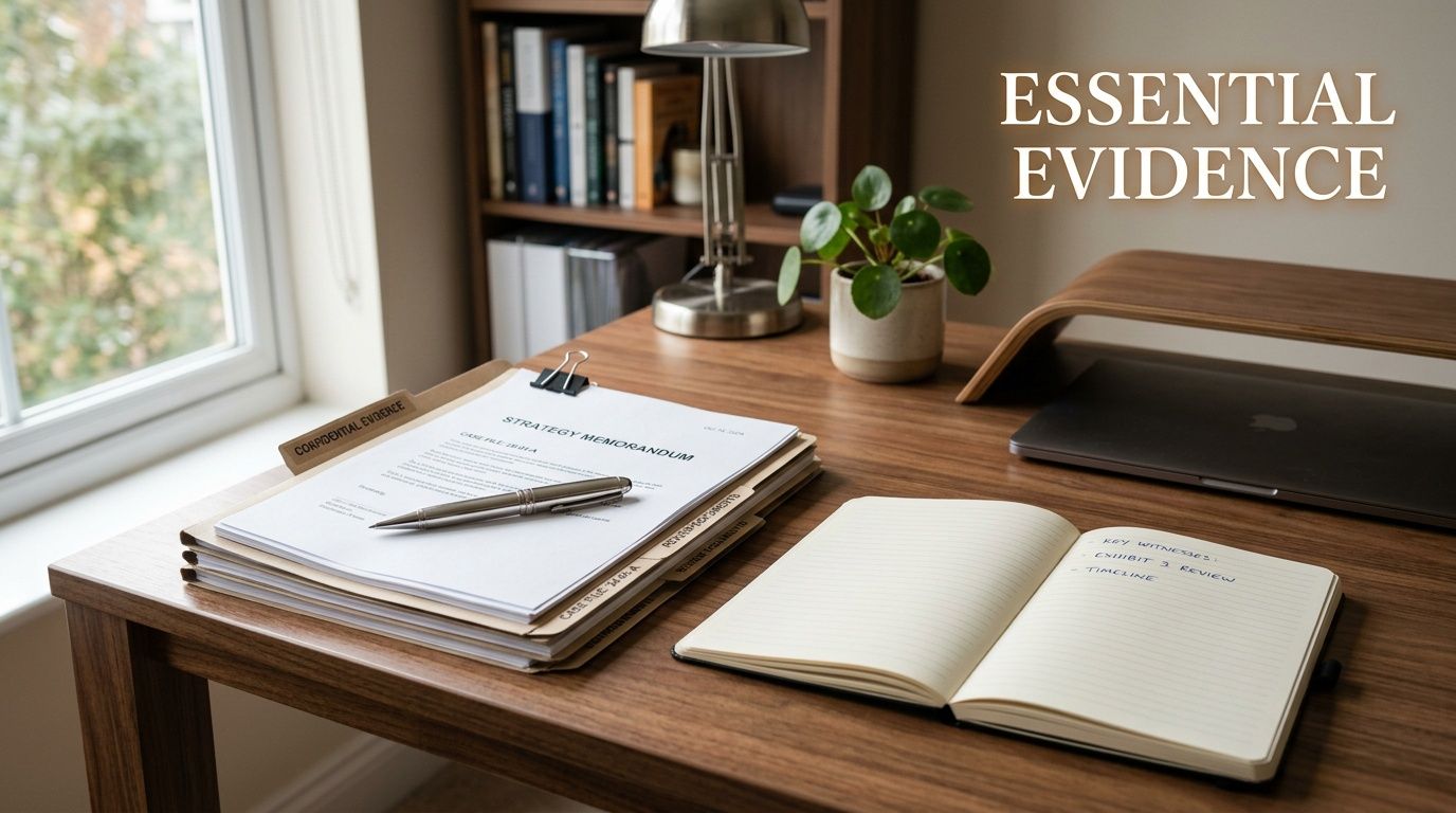 A professional wooden desk setup with legal documents, a notebook, and a lamp in a home office.