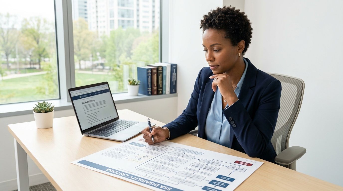 A professional woman in a suit reviewing Social Security Administration disability criteria charts at her office desk.