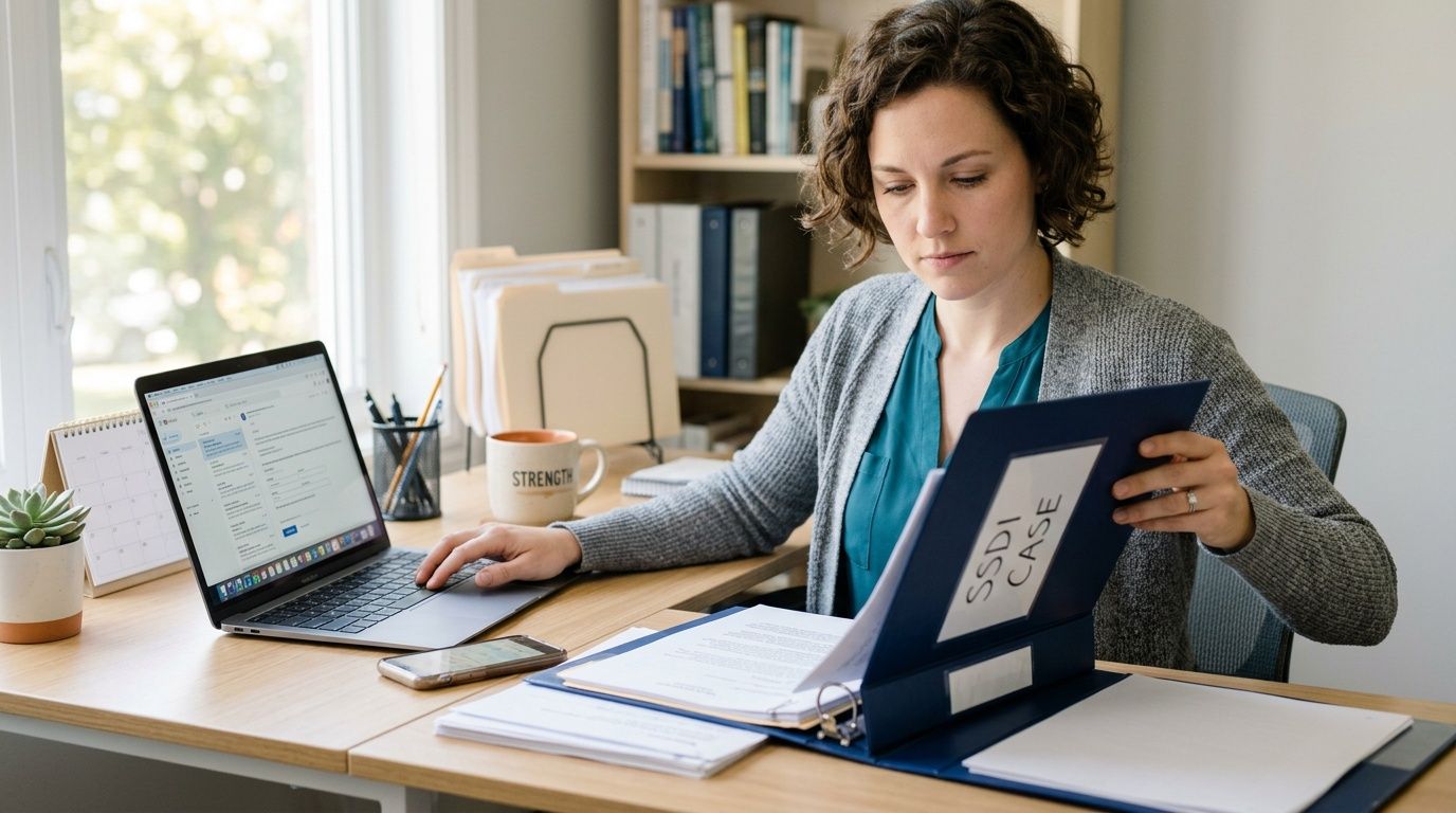 A professional woman working at her desk while reviewing SSDI case files and using her laptop computer.