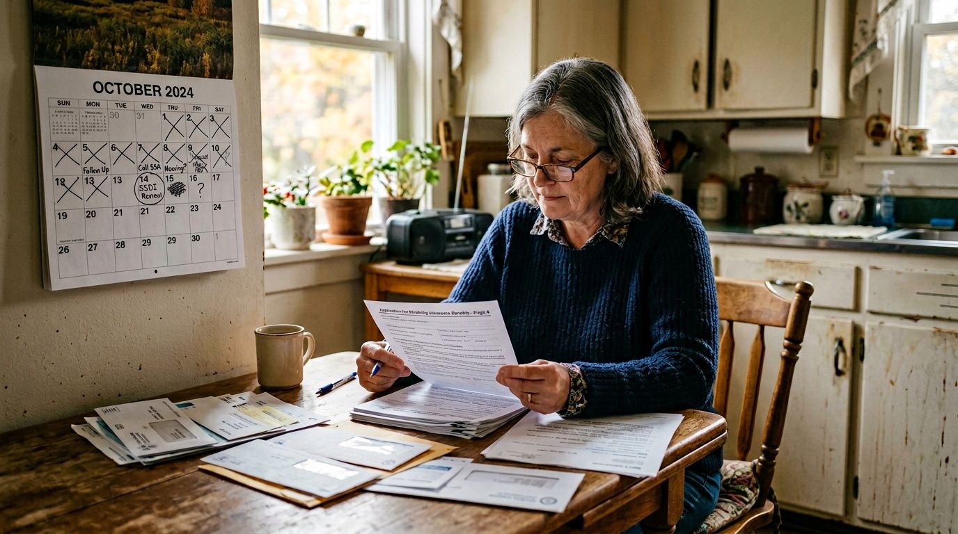 An older woman with glasses sits at a kitchen table carefully reviewing important government application documents.