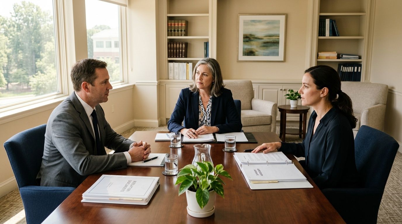 A professional mediation session with three people sitting around a conference table discussing legal documents.