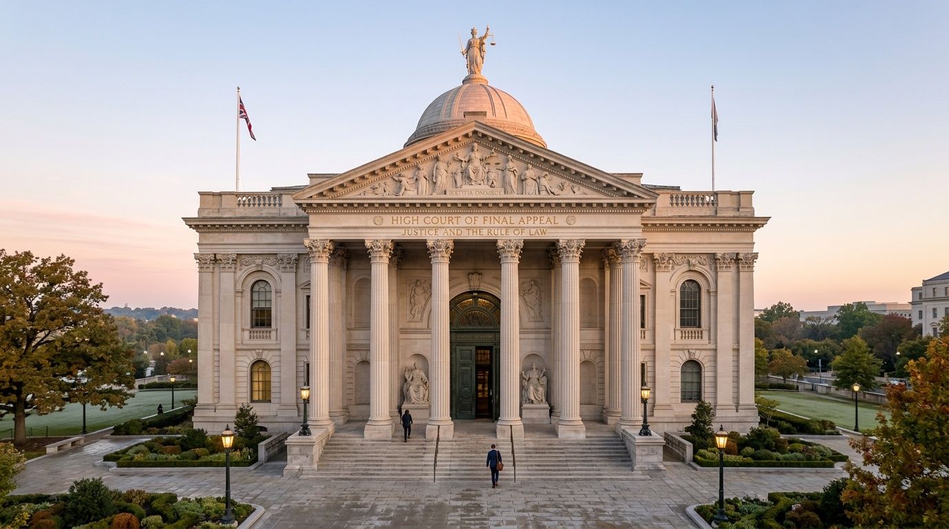 A wide angle view of the High Court of Final Appeal building at sunrise with a person approaching.