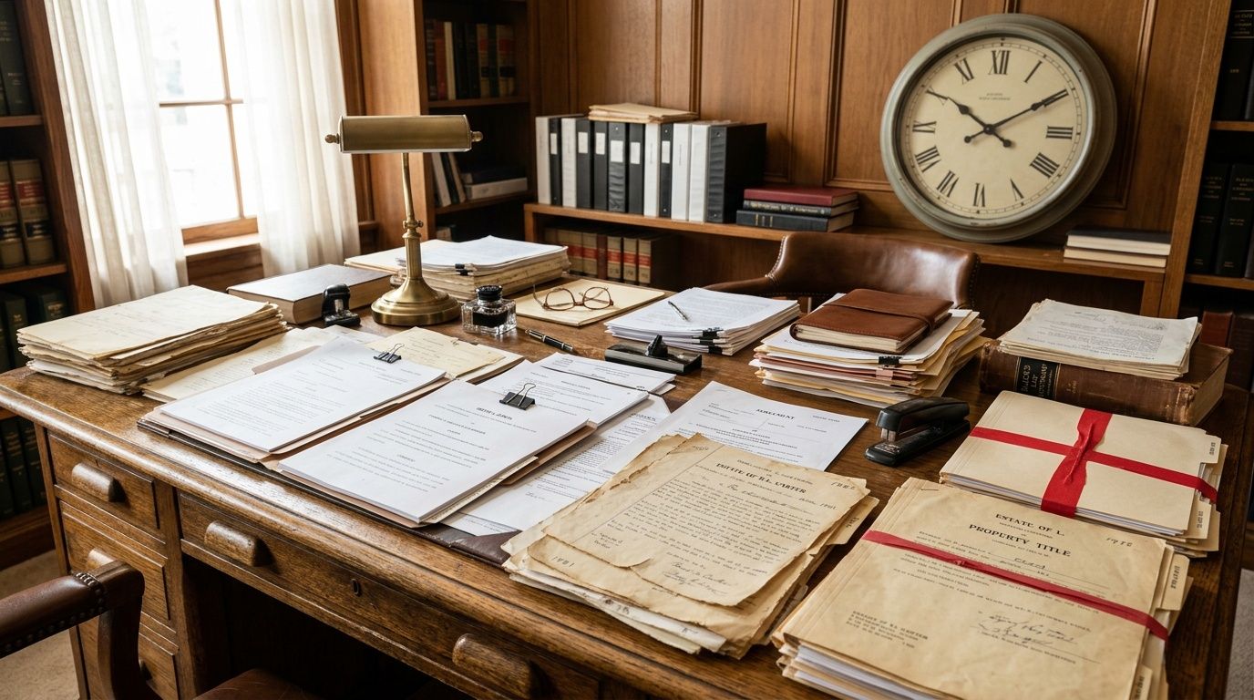 A wooden executive desk filled with stacks of legal documents, files, and stationery in a law office.