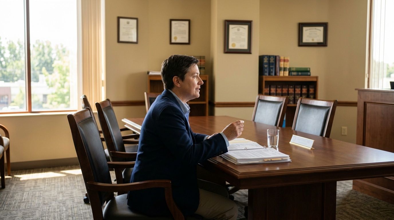 A professional in a suit sits at a conference table reviewing legal documents in a law office setting.