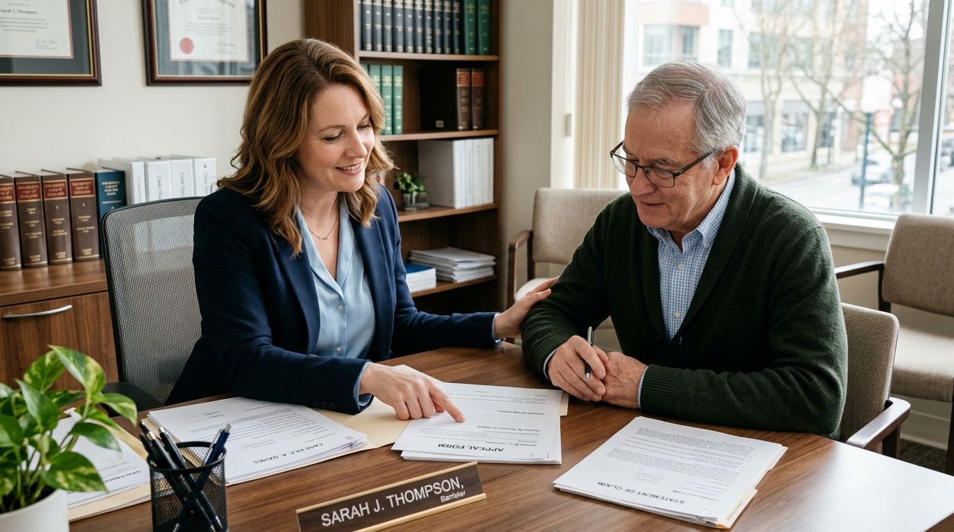 A professional female lawyer assists an elderly man with his social security disability appeal forms at a desk.