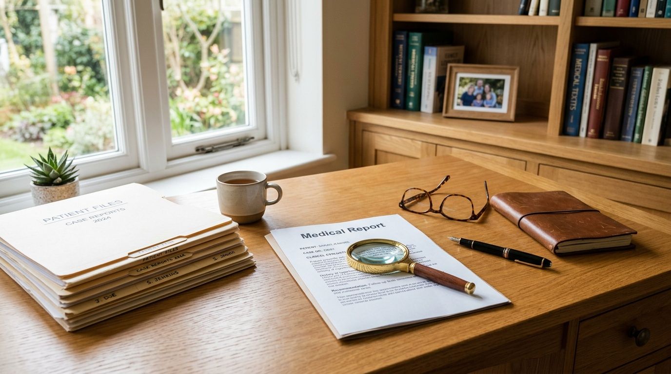 A wooden desk with a stack of patient files, a medical report, magnifying glass, pen, and glasses.