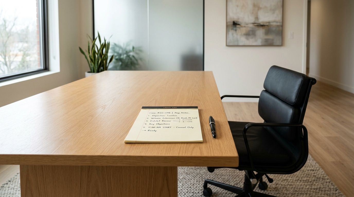 A professional office setting with a wooden desk, a legal pad containing notes, and a black chair.