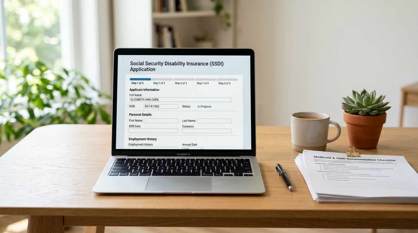 A laptop on a desk showing an online SSDI application form next to a paper checklist.