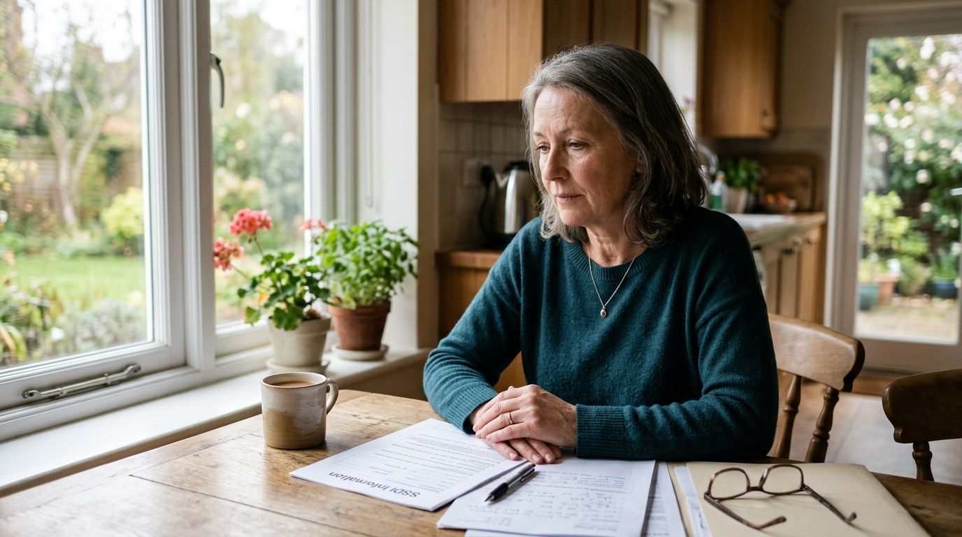 A middle-aged woman sitting at a table with disability benefit documents, looking pensive and concerned.