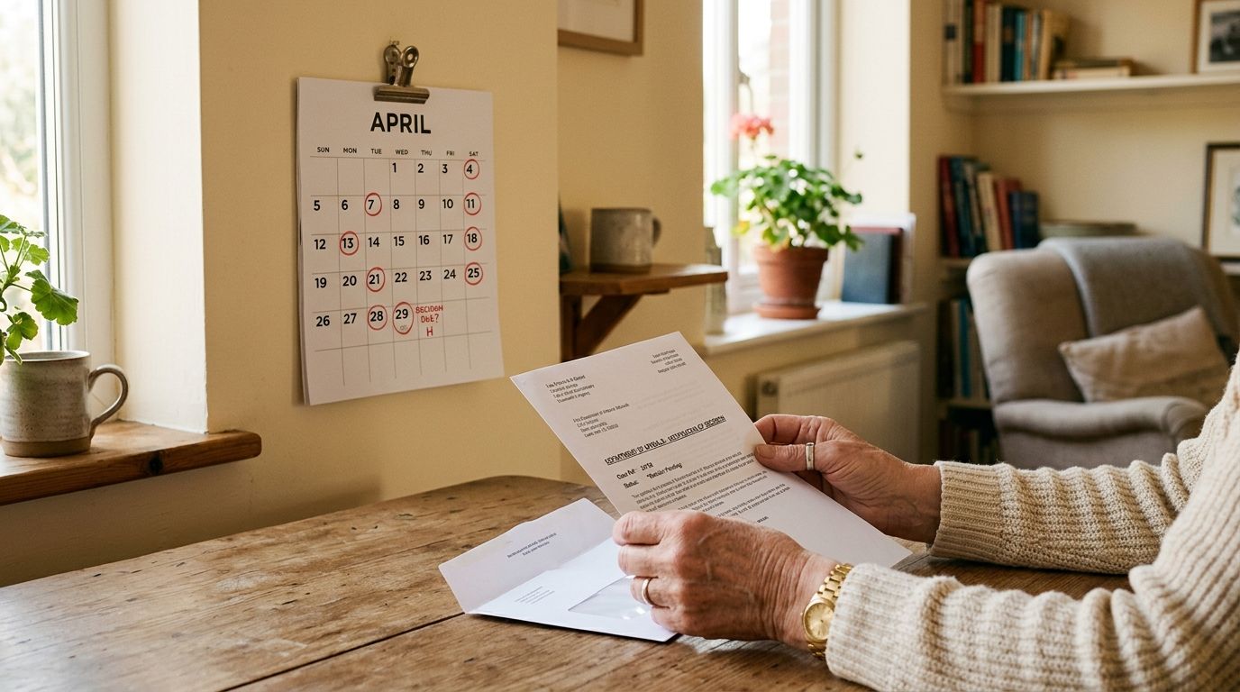 An elderly person sits at a wooden table reading a legal document while a calendar hangs nearby.