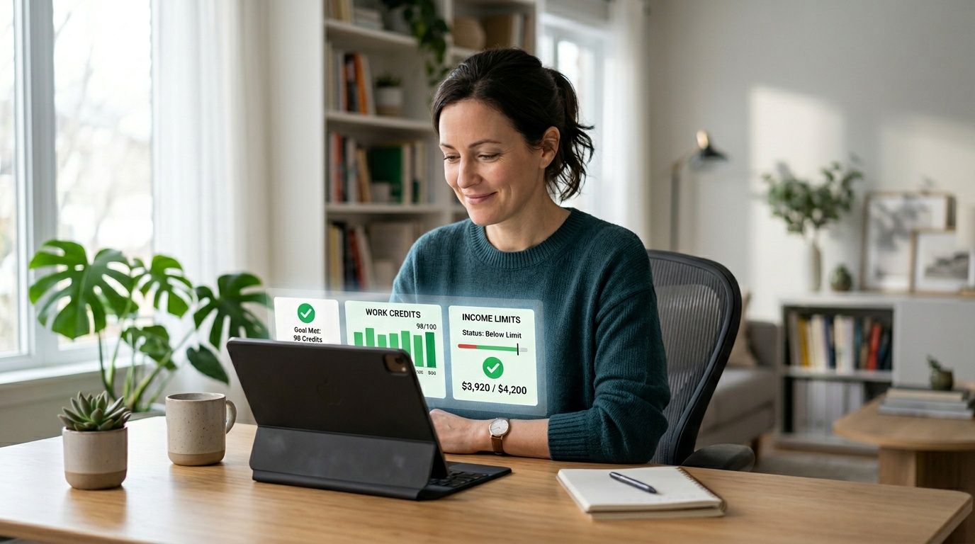 A smiling woman checks her disability benefit eligibility status on a digital tablet at her home office.