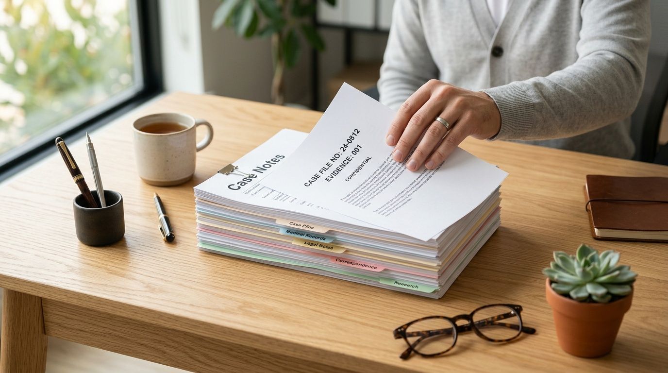 A person reviewing a thick stack of confidential legal documents on a wooden office desk.