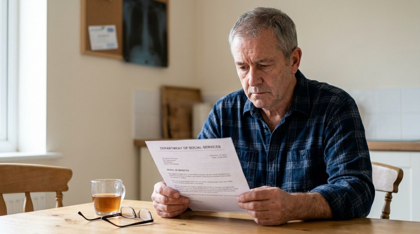 A concerned senior man sitting at a wooden table while reviewing an official document from Social Services.