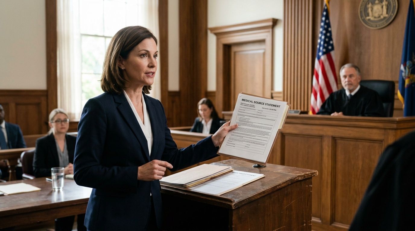 A woman in a blazer presents a medical source statement document in a courtroom with a judge.