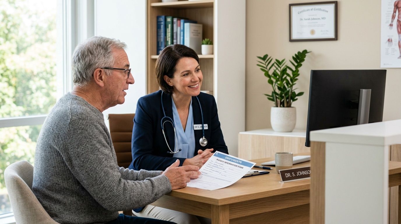 A friendly female doctor smiles while reviewing a patient information form with an elderly male patient.