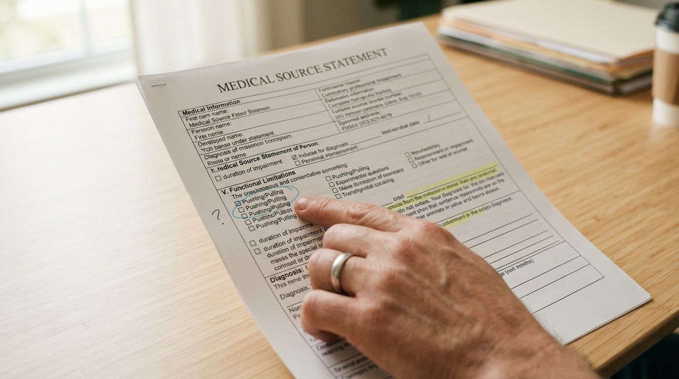 A close-up view of a person's hand pointing at a medical source statement form on a desk.