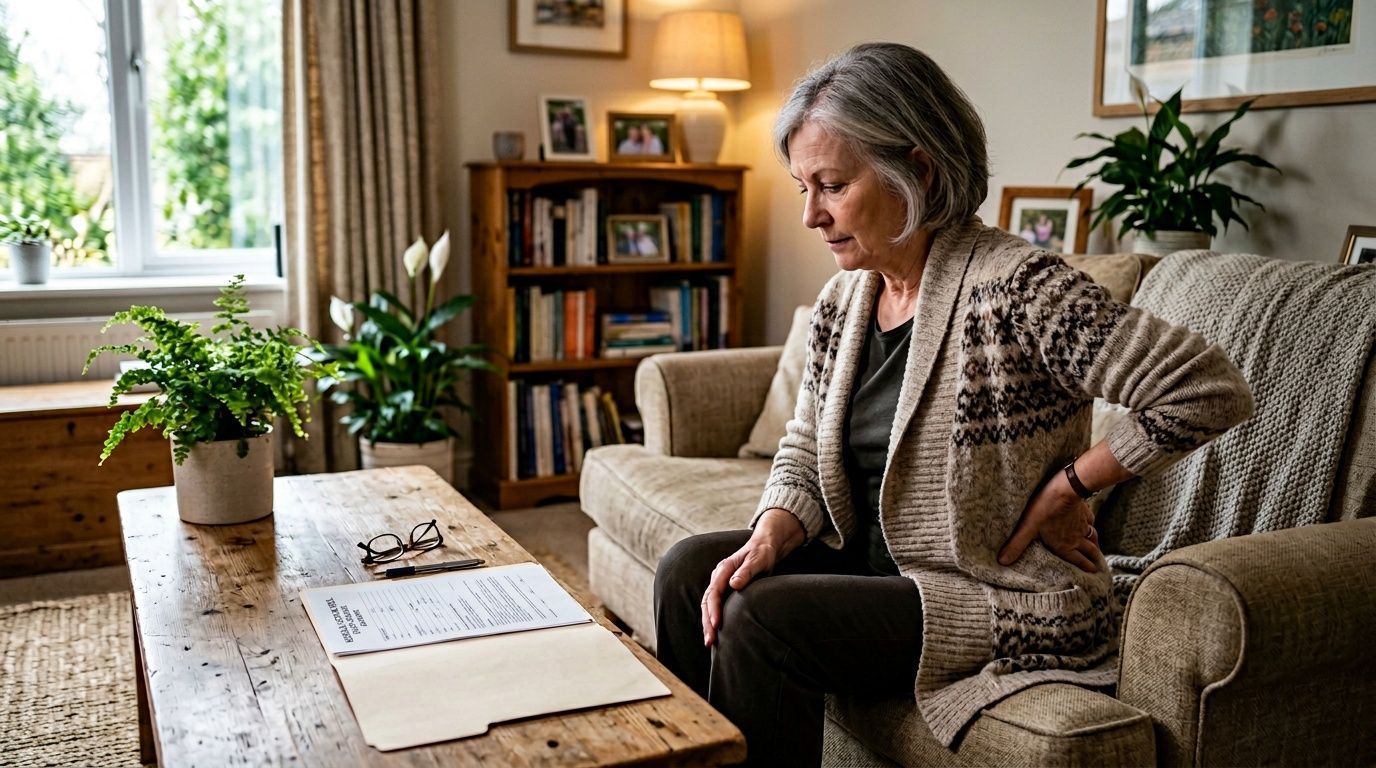 An elderly woman sitting on a couch touching her back in pain with medical paperwork nearby.