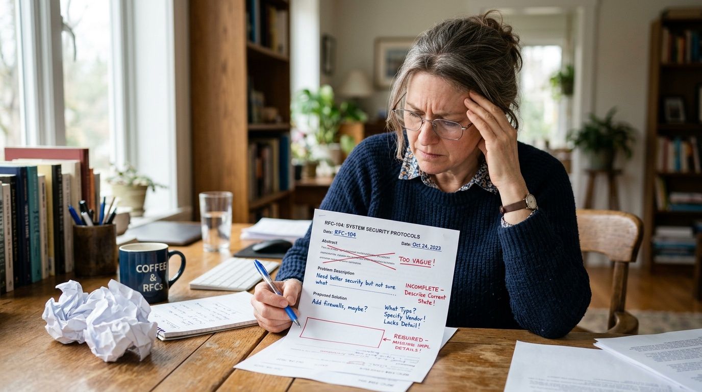 A woman at her desk looking frustrated while reviewing a document labeled RFC-104 System Security Protocols.