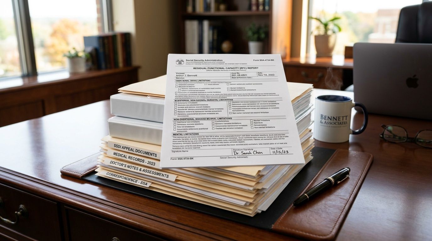 A stack of legal documents and folders with a medical form on a mahogany office desk.