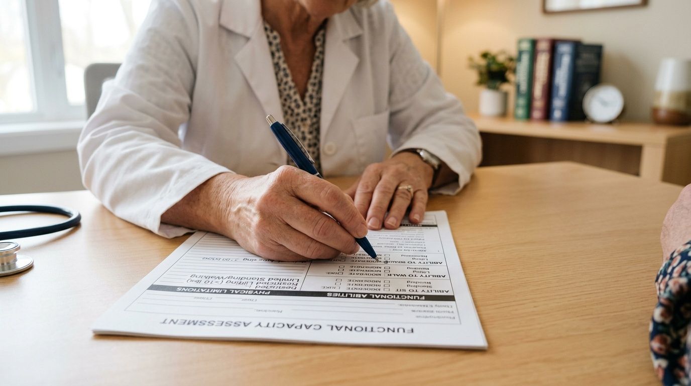 A doctor in a white coat fills out a medical functional capacity assessment form on a desk.