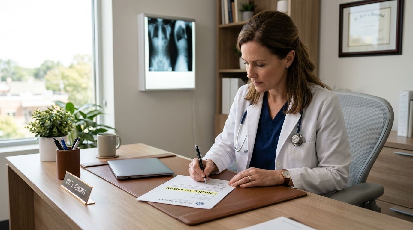 A professional doctor in a white coat writes a disability letter at her office desk.