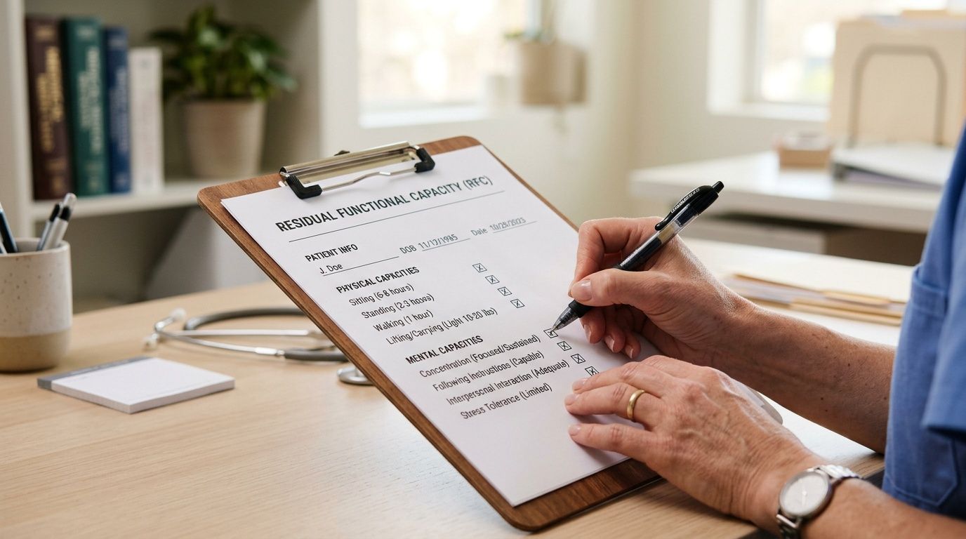 A healthcare professional filling out a patient residual functional capacity form on a wooden clipboard.