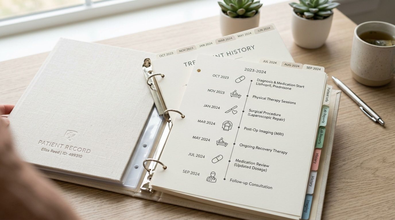 A professional patient health record binder showing a medical treatment timeline with medication and surgical history updates.