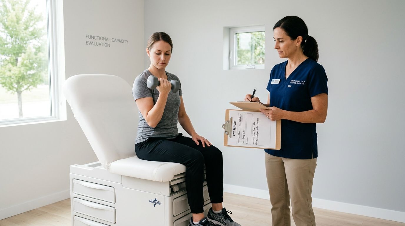 A female physical therapist observes a patient performing a dumbbell bicep curl exercise during a medical evaluation.