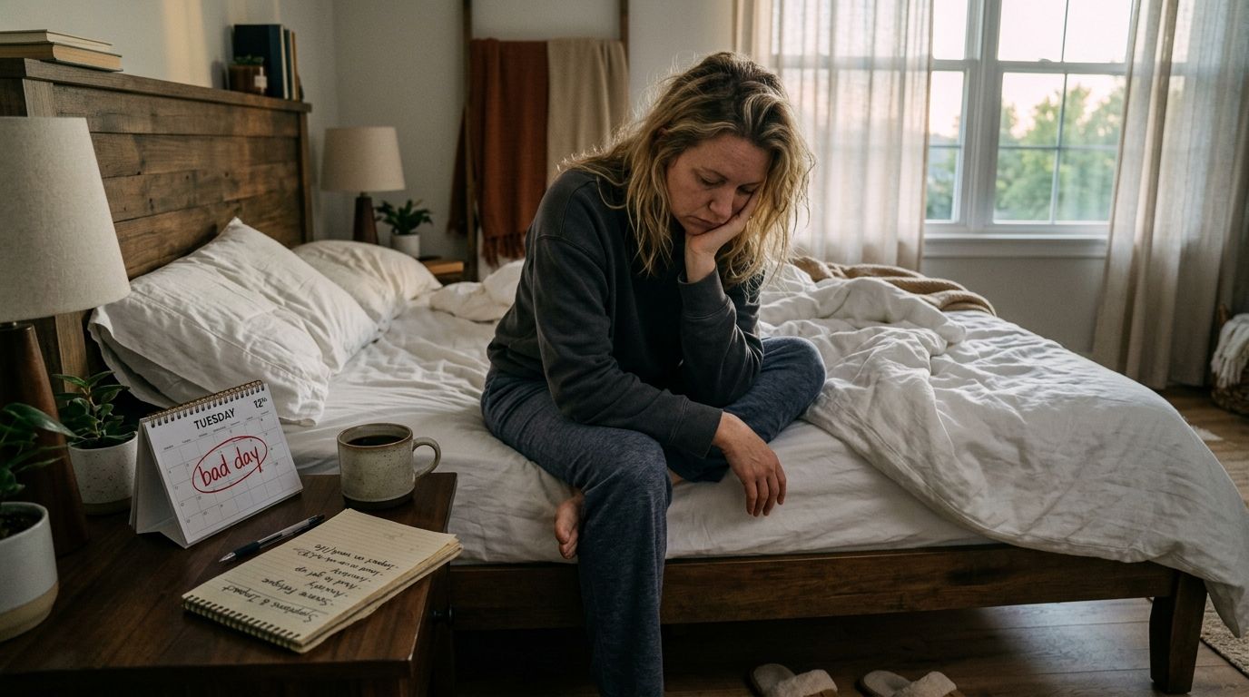 A woman sits on her bed looking visibly distressed or sad next to a calendar labeled bad day.