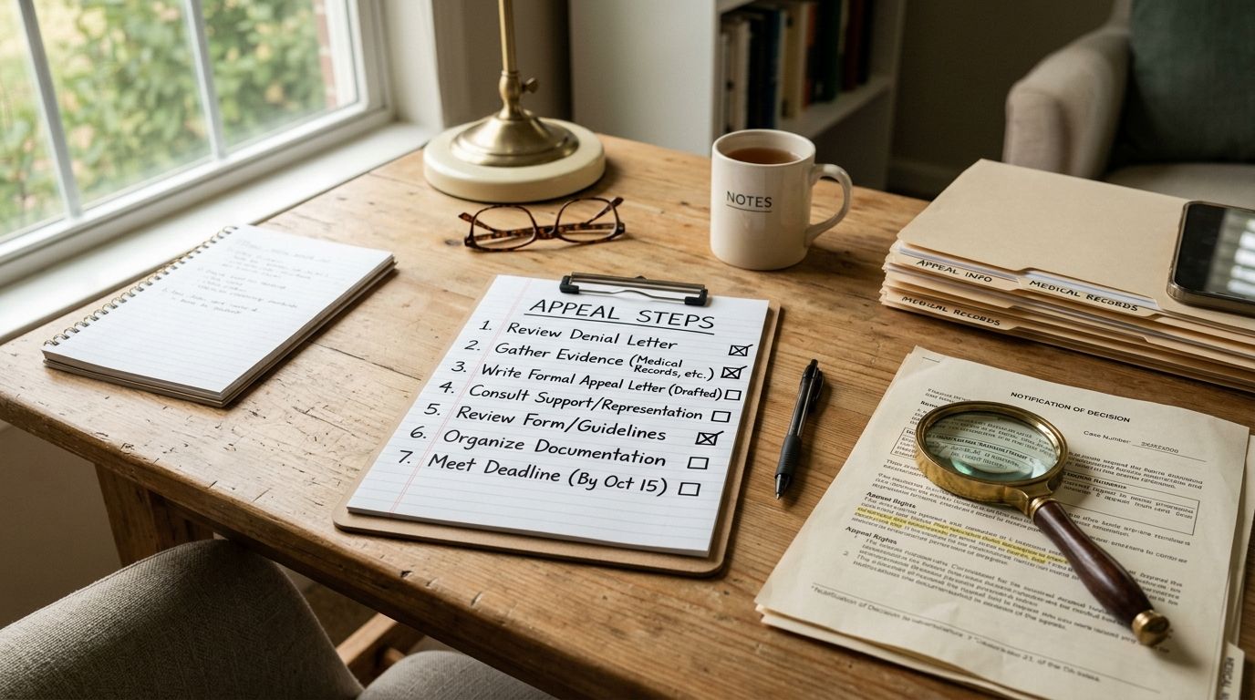 A wooden desk featuring a checklist of appeal steps, medical files, and paperwork for disability claims processing.