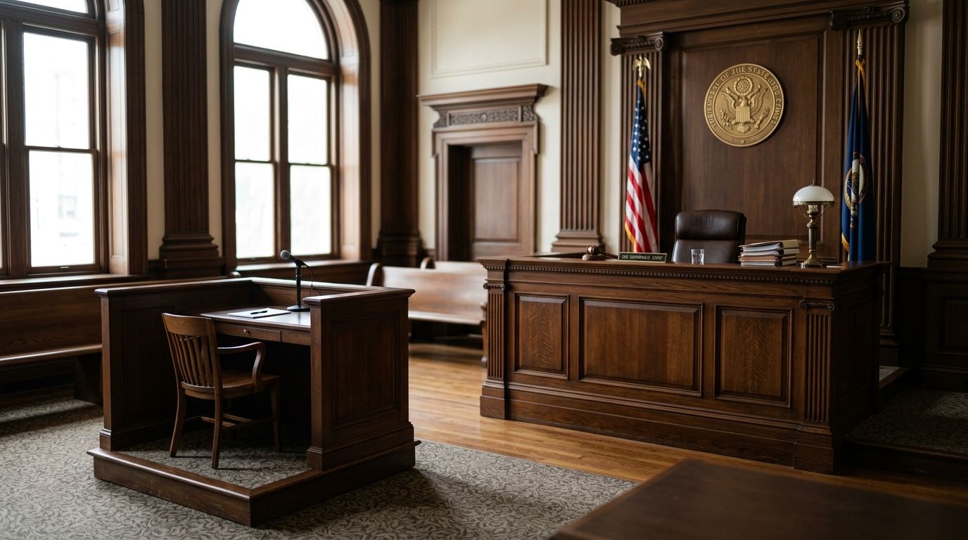A solemn and empty courtroom featuring a witness stand and the judge's wooden bench with flags.