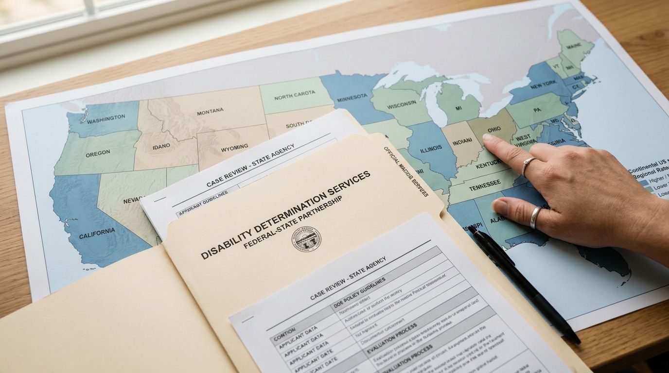 A person pointing to the state of Ohio on a US map near social security disability paperwork.