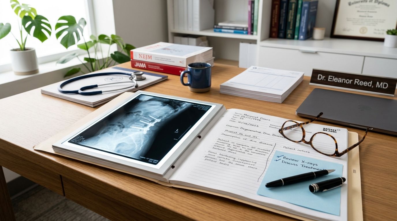 A professional doctor's desk featuring medical records, a spinal X-ray, stethoscope, and glasses on a patient chart.