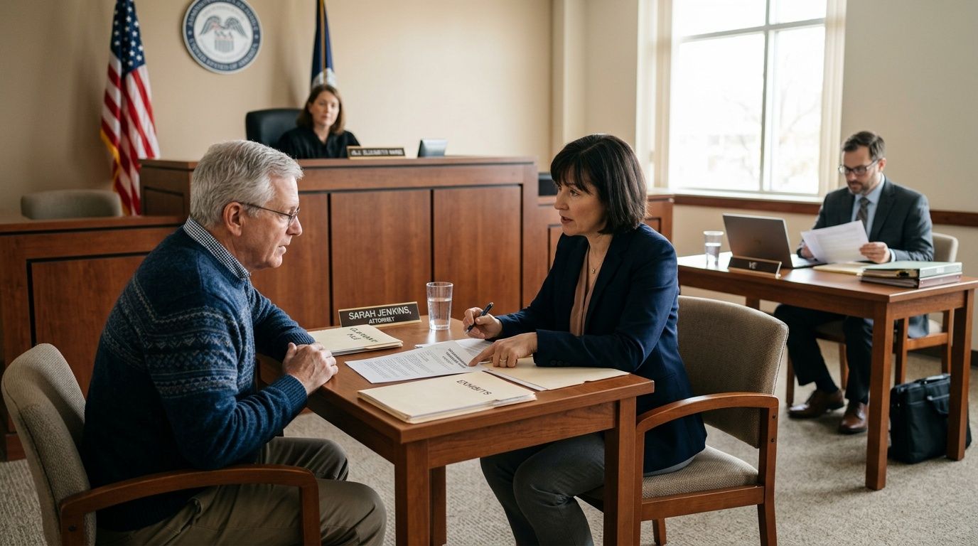 An attorney, Sarah Jenkins, reviews documents with a male client in a courtroom, with a judge and another attorney nearby.