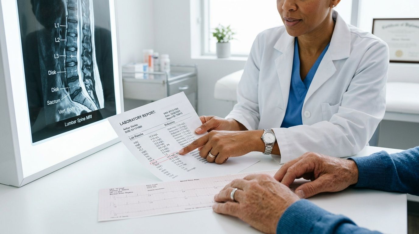 A doctor in a white coat explains medical results from a lab report and MRI scan to a patient.
