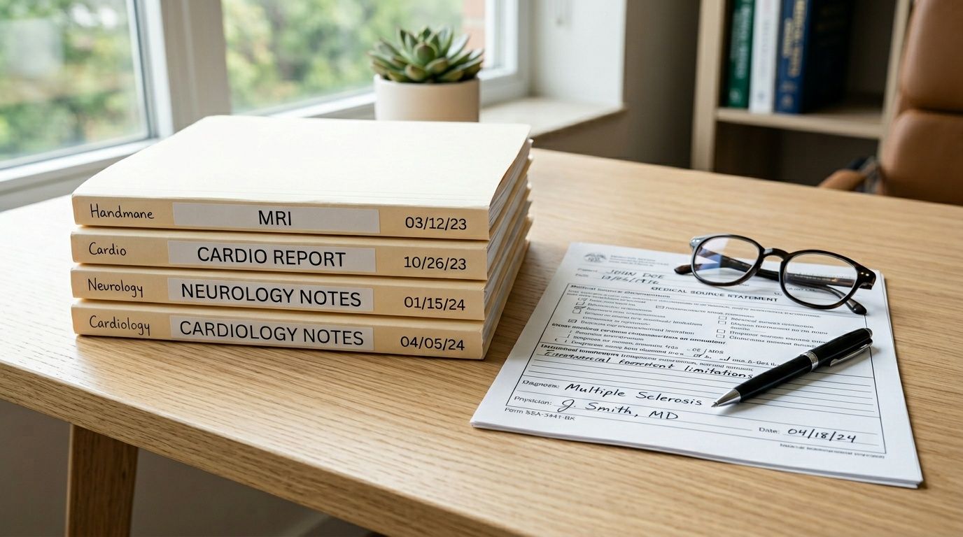 Stack of medical files, a medical form with Multiple Sclerosis diagnosis, glasses, and a pen.