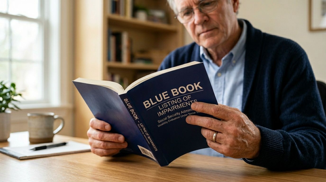 Elderly man reads Social Security's 'Blue Book Listing of Impairments' at a table.