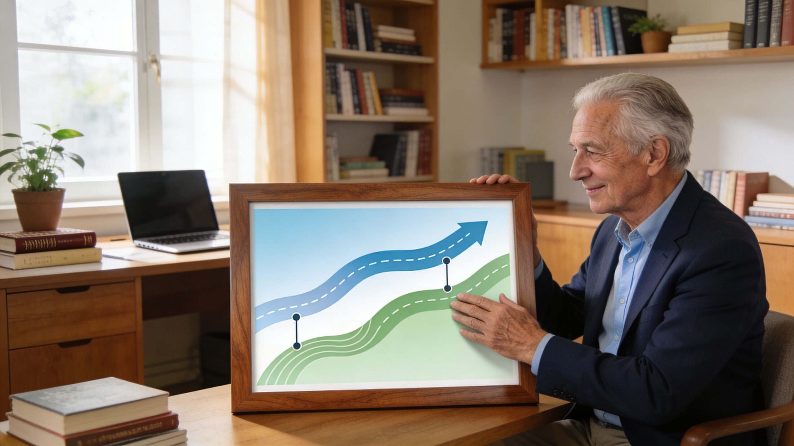 A smiling senior man in a blazer points to a framed upward-trending business growth graph.