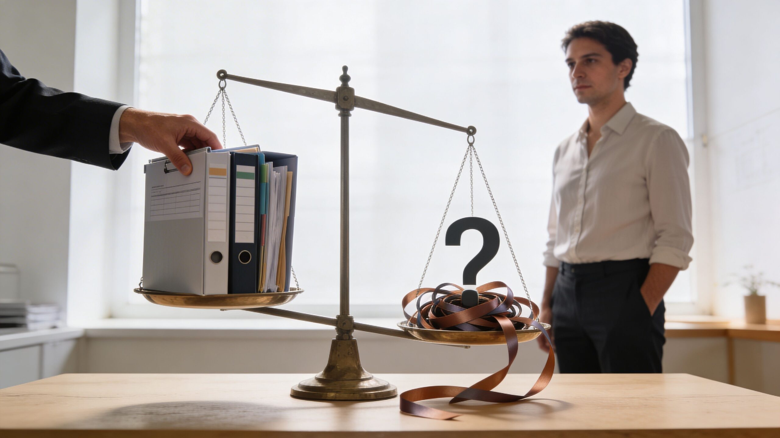 A hand places legal folders on a scale balancing against a question mark and tangled ribbons.