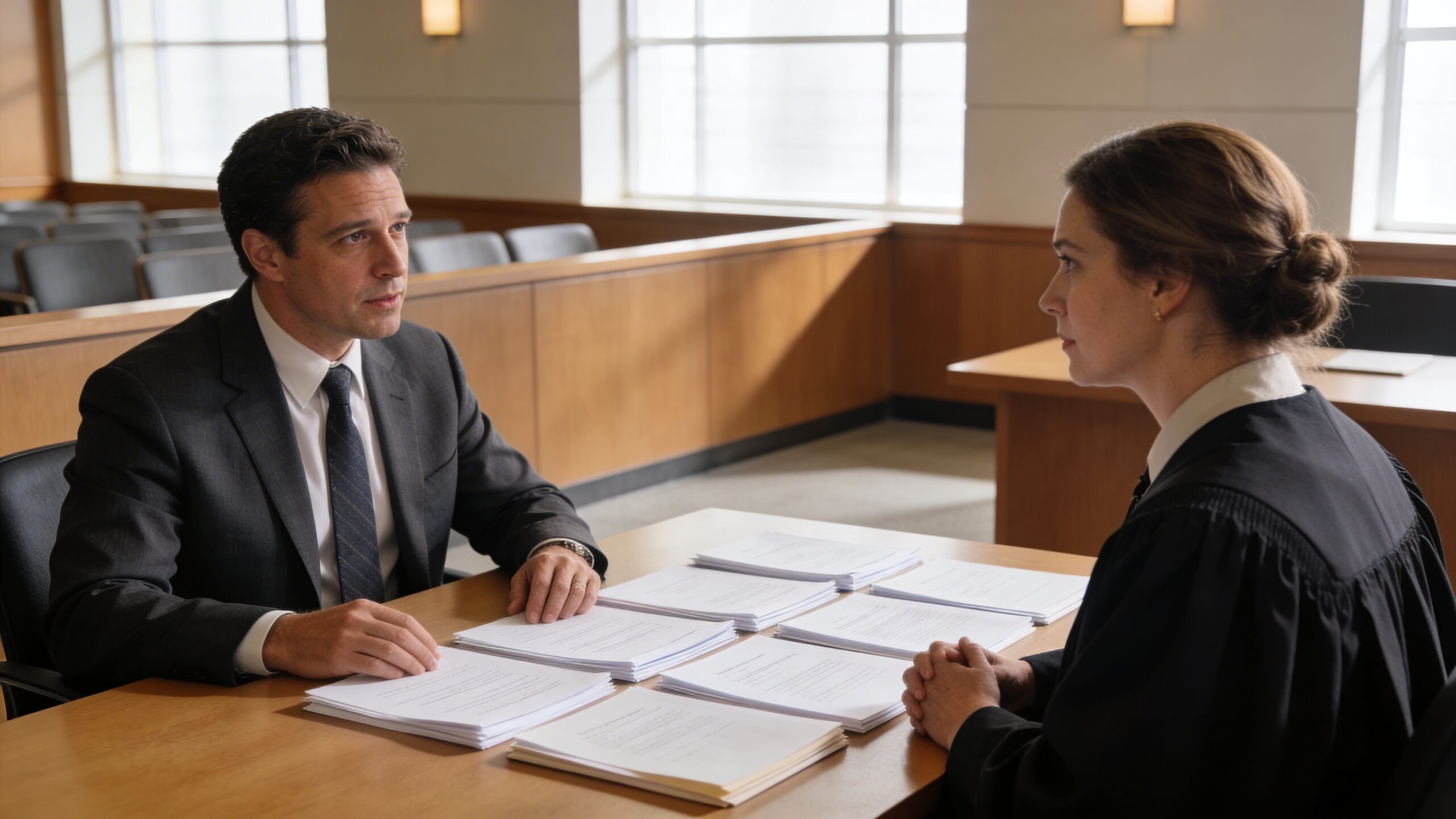 A lawyer and a judge discussing legal documents across a wooden table inside a formal courtroom.