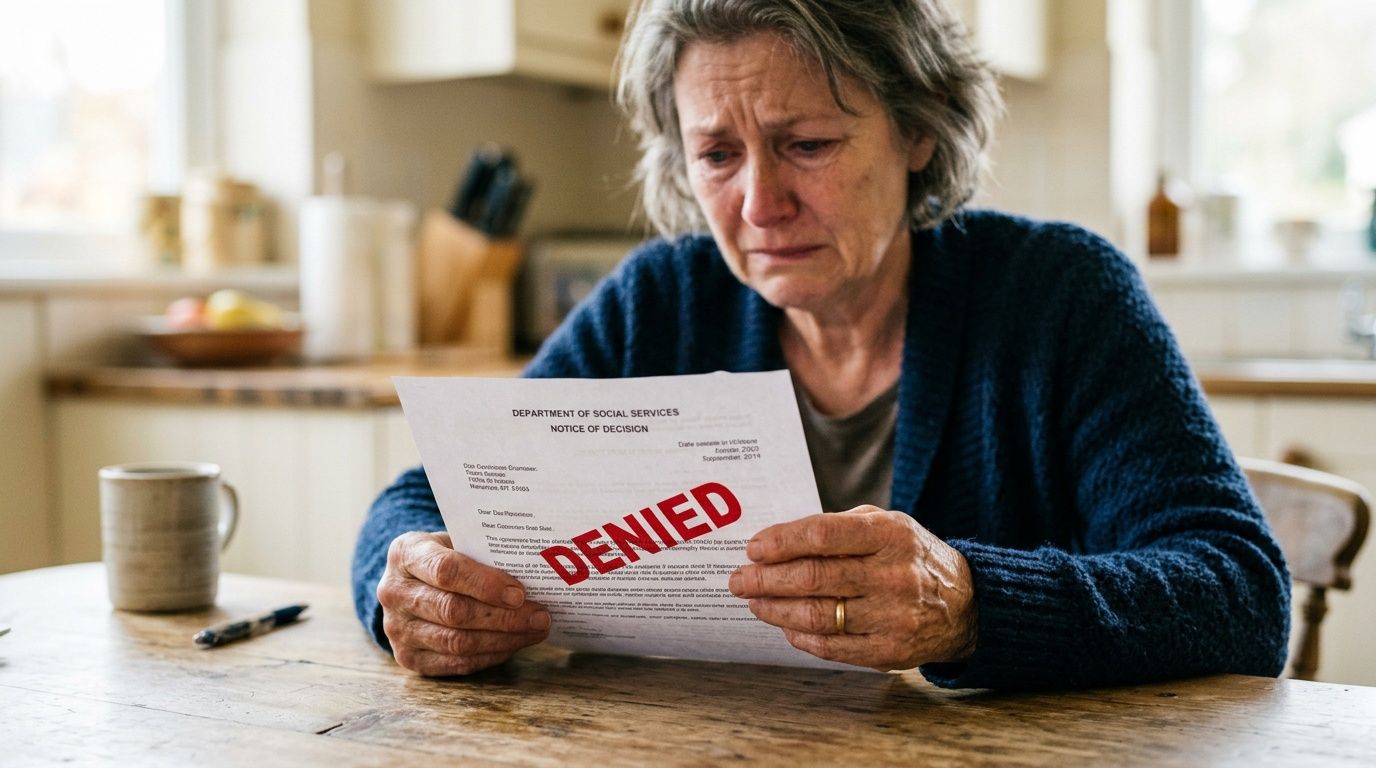 A distressed older woman sitting at a table looking sadly at a denied social services decision document.