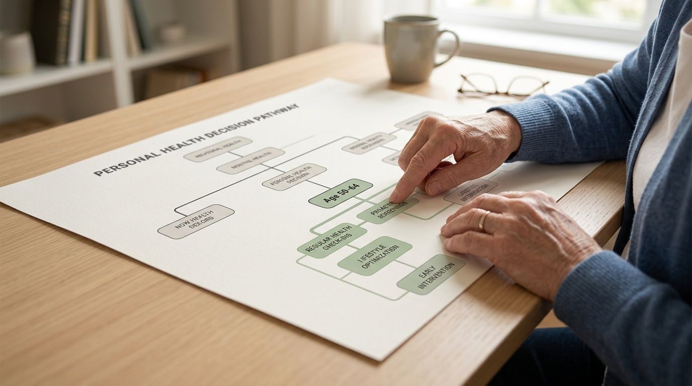 An elderly person reviews a Personal Health Decision Pathway flowchart on a desk with a coffee mug.