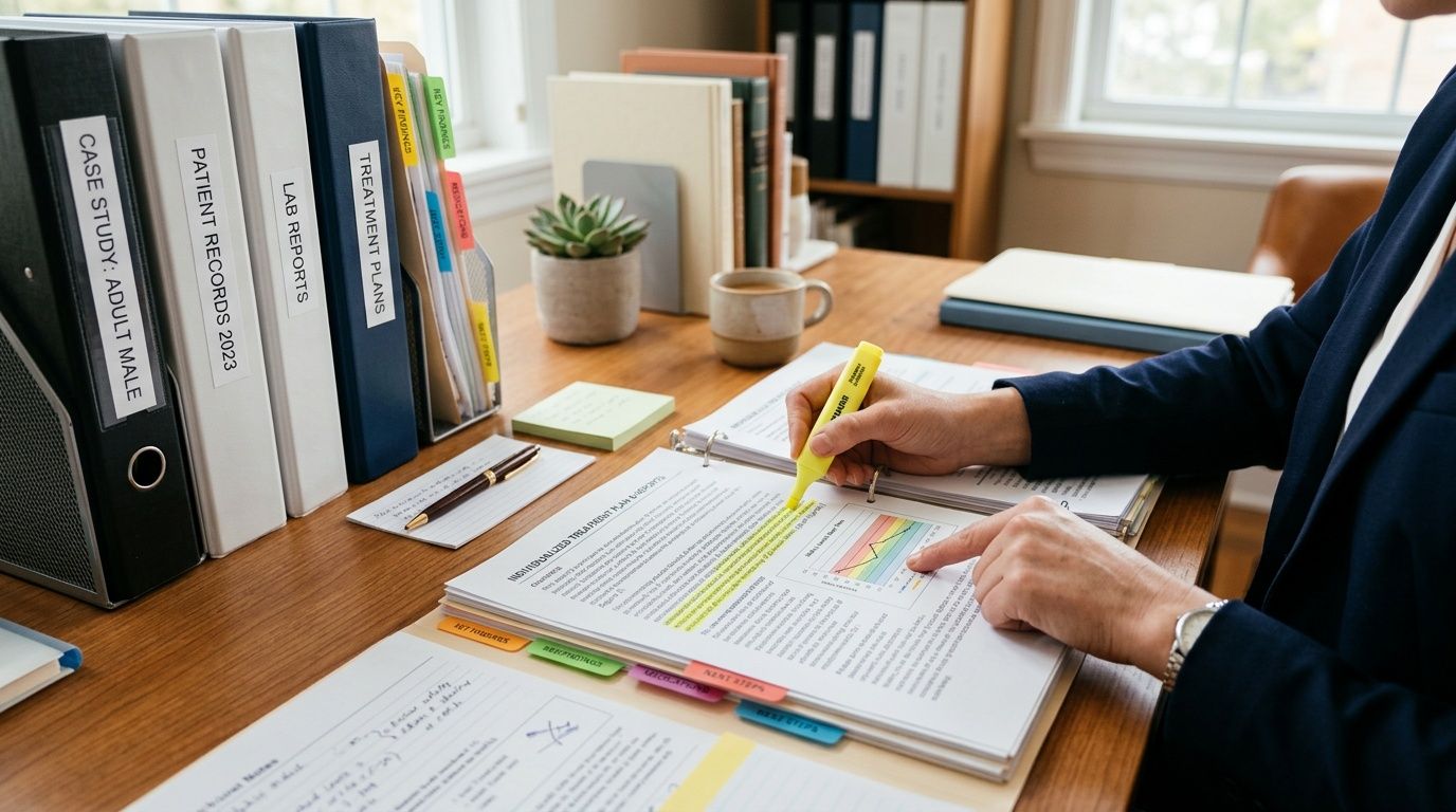 A professional analyzing medical documents and reports at an organized wooden office desk.