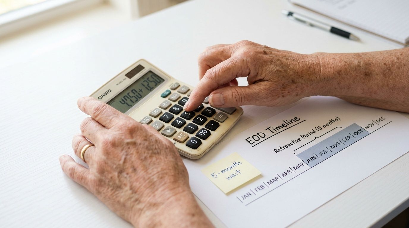 An elderly person calculates retroactive benefits with a calculator and timeline showing a 5-month wait.
